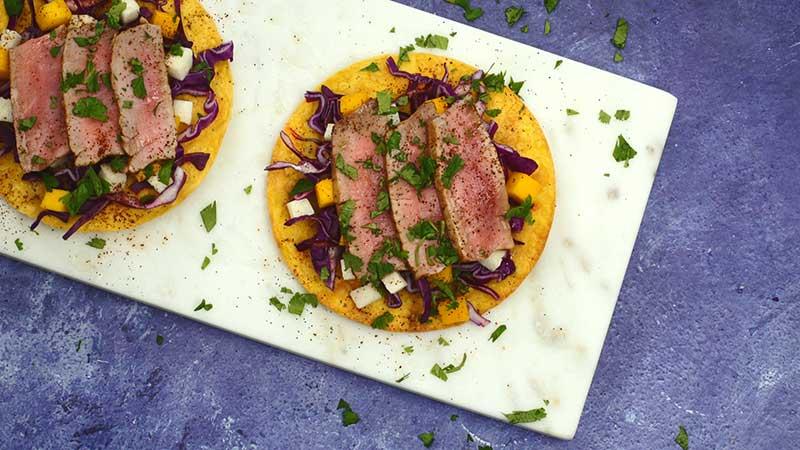 Air Fryer Tuna Steak Tostadas with Jicama Slaw Recipe